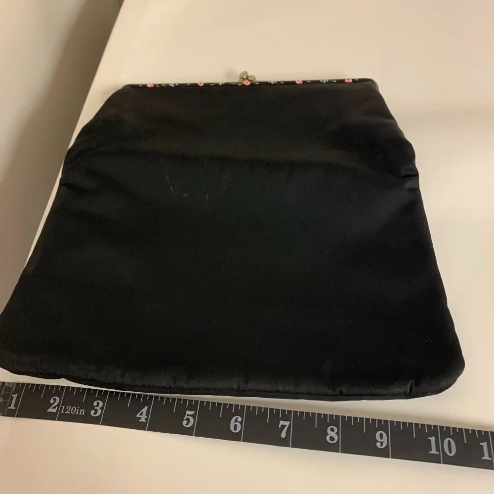 Evening Bag Black Fabric Vintage Floral Painted Trim Formal Party - Picture 7 of 9